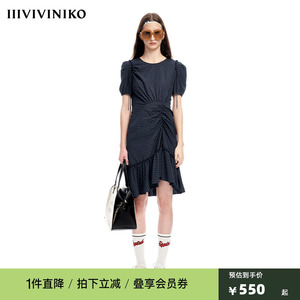 【早春新品】IIIVIVINIKO薇薏蔻气质小格纹不规则抽褶鱼尾连衣裙