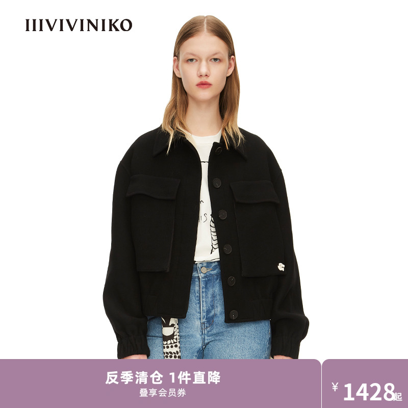 【设计师品牌】IIIVIVINIKO秋季双面黑色短夹克毛呢外套女