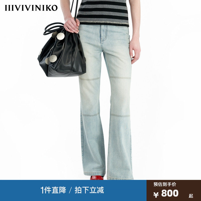 IIIVIVINIKO秋季新款复古水洗微喇修身牛仔裤子女C431821206B