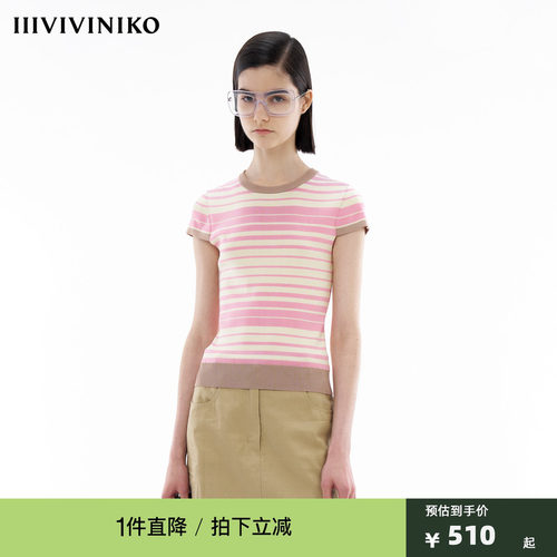 IIIVIVINIKO夏季新款多巴胺修身条纹半袖针织衫女C420125621D