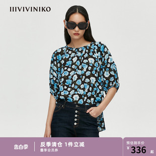 IIIVIVINIKO春夏新品 女M124014173D 蕾丝衫 复古蓝玫瑰泡泡袖