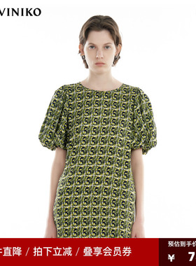 IIIVIVINIKO2024秋新款复古桑蚕丝泡泡袖直筒连衣裙女R430630129A