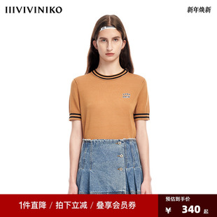 圆领针织短袖 IIIVIVINIKO薇薏蔻温柔学院风合身薄款 早春新品