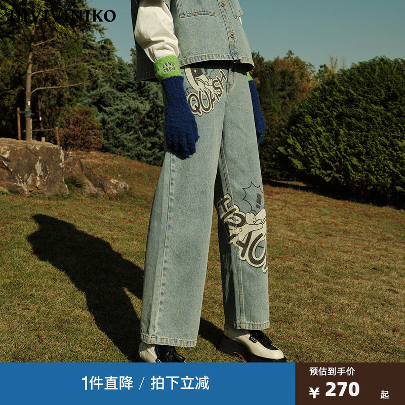 IIIVIVINIKO屁头兔系列卡通印花牛仔长裤直筒女S311822201A