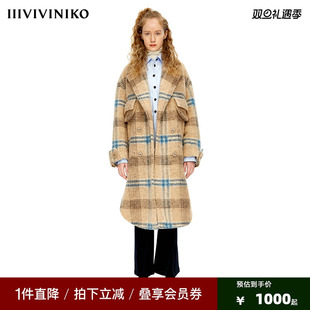 设计师品牌 羊毛大衣 IIIVIVINIKO秋冬复古格纹长款