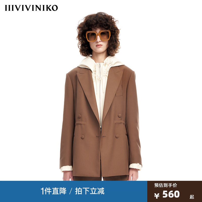 【早春新品】IIIVIVINIKO薇薏蔻复古纯色羊毛混纺抽绳西装外套女