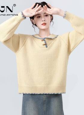 黄新色NC2F宽48-8牛角po织o领软毛衣女2025秋冬款翻领松糯加厚NC2