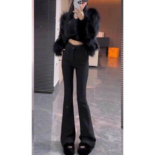 加绒加厚喇西女秋胖尺冬新高款装大码mm设计感腰显瘦黑色微喇裤SL