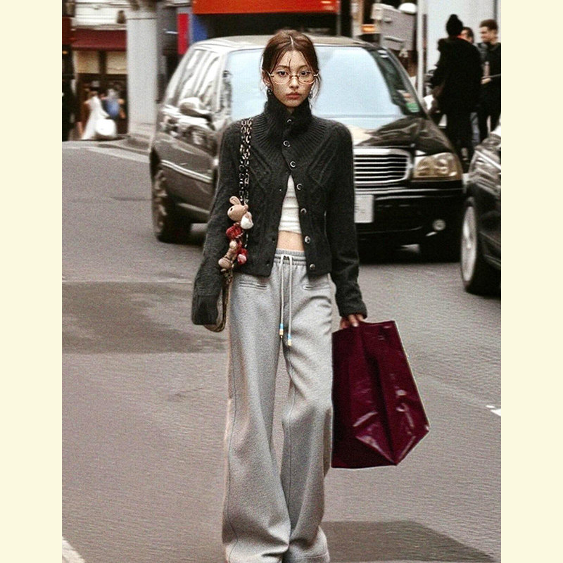 韩式慵懒chic老钱风复古休闲深灰色高领针织毛衣阔腿裤套装女秋冬,女装/女士精品,时尚套装,淘宝优惠券,粉丝福利购,淘宝优惠卷