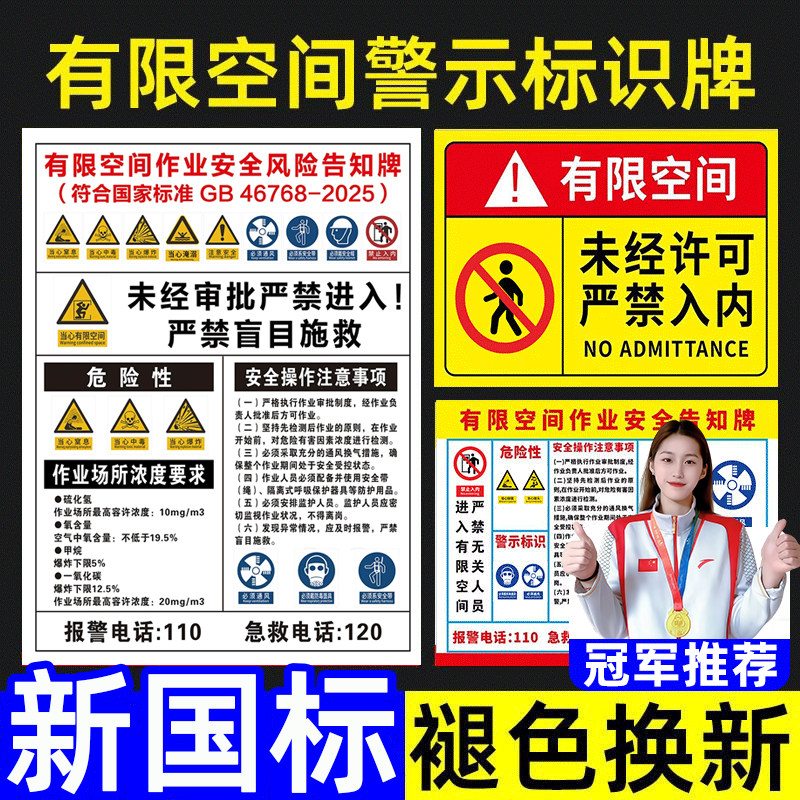 有限空间警示标识牌有限空间作业安全告知牌受限空间风险警示牌化粪池加油站密闭空间未经许可禁止入内提示牌