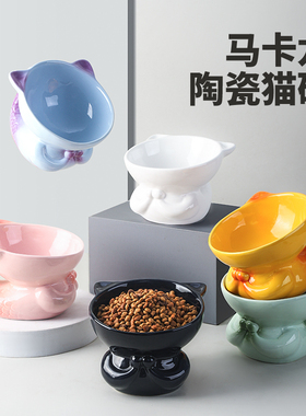 同款猫碗陶瓷猫咪碗高脚猫食盆斜口可爱狗碗宠物碗黑色喝水碗猫盆