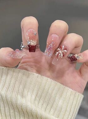 纯手工儿童穿戴甲女童美甲爆闪珍珠烟花手工穿戴甲红色法式极光钻