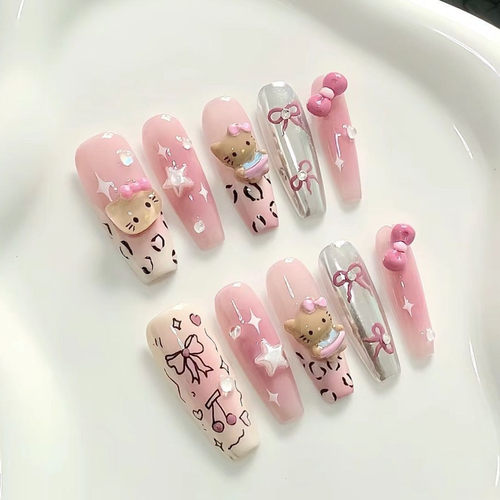 纯手工穿戴甲黑皮kitty粉