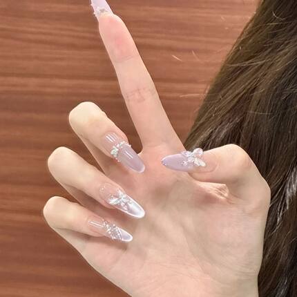 纯手工儿童穿戴甲女童美甲纯手工穿戴甲仙气淡紫猫眼美甲珍珠蝴蝶