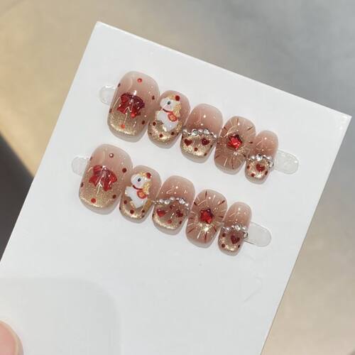 纯手工儿童穿戴甲女童美甲马到成功新年纯手工美甲穿戴甲爱心蝴蝶