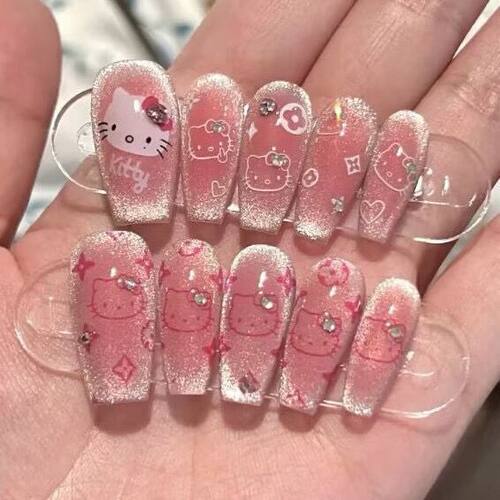 手工穿戴甲超可爱kitty光圈猫眼腮红晕染多巴胺学生可拆卸美甲贴