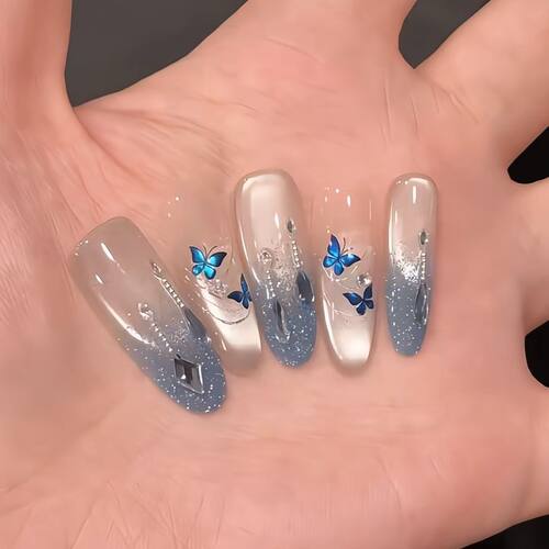 猫眼蓝色蝴蝶ins纯手工穿