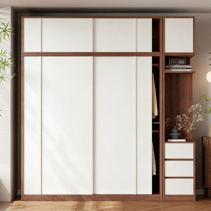 中古风推拉门衣柜胡桃色家用卧室现代简约移门ENF级大柜子