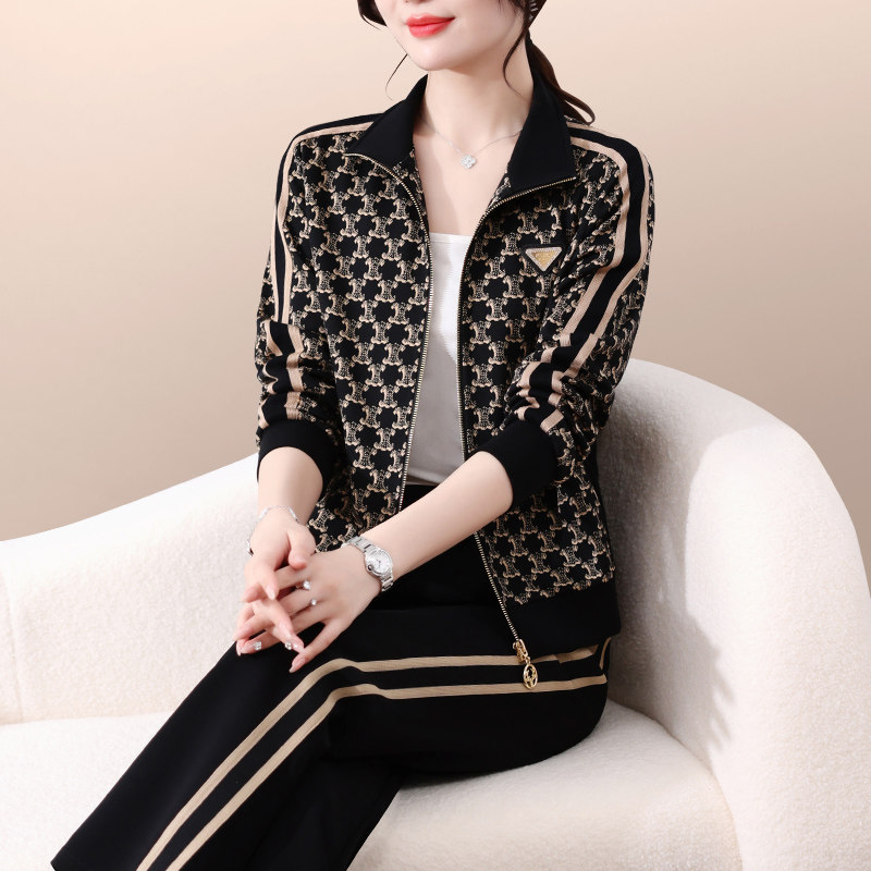 运动服套装女春秋新款宽松减龄显瘦洋气妈妈花色卫衣休闲服两件套