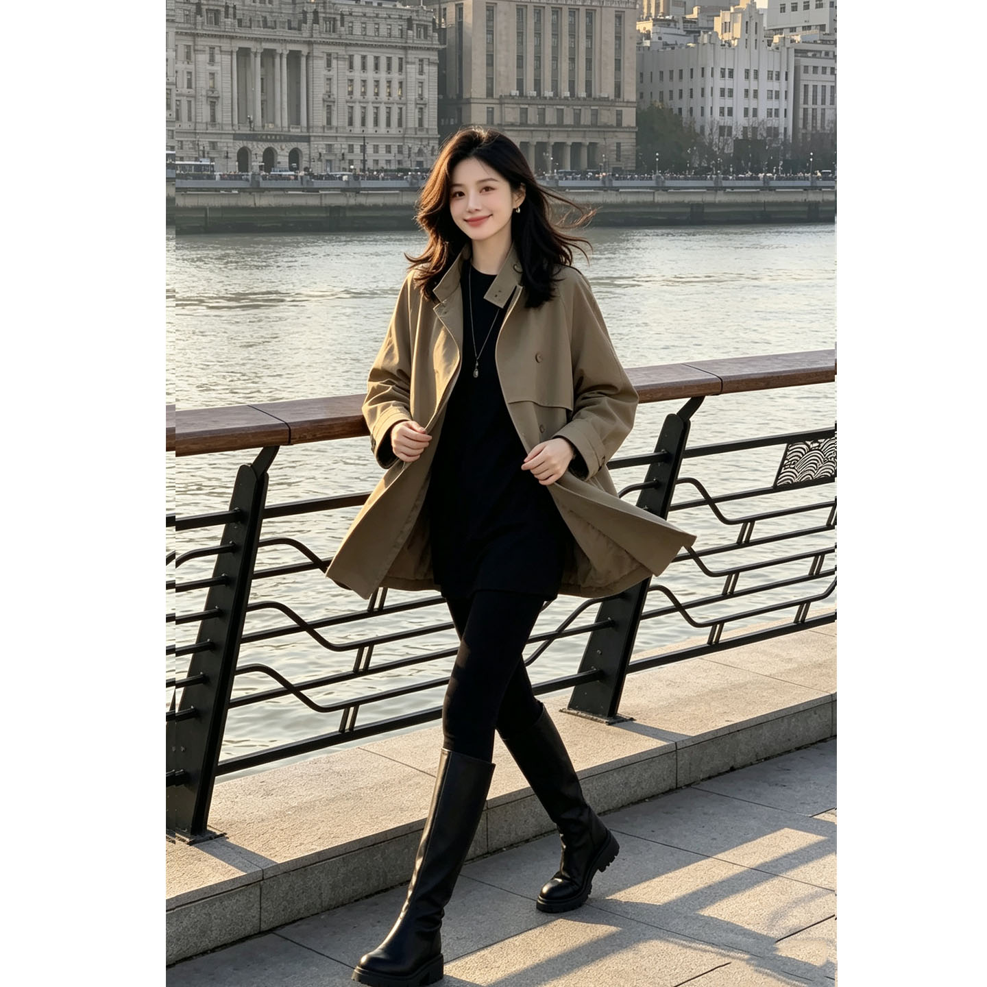 秋季女宽松中长款卡其色风衣外套
