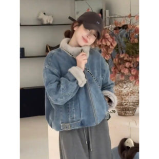 欧货加绒加厚牛仔短外套女冬季新款小个子宽松休闲水貂毛拼接棉服