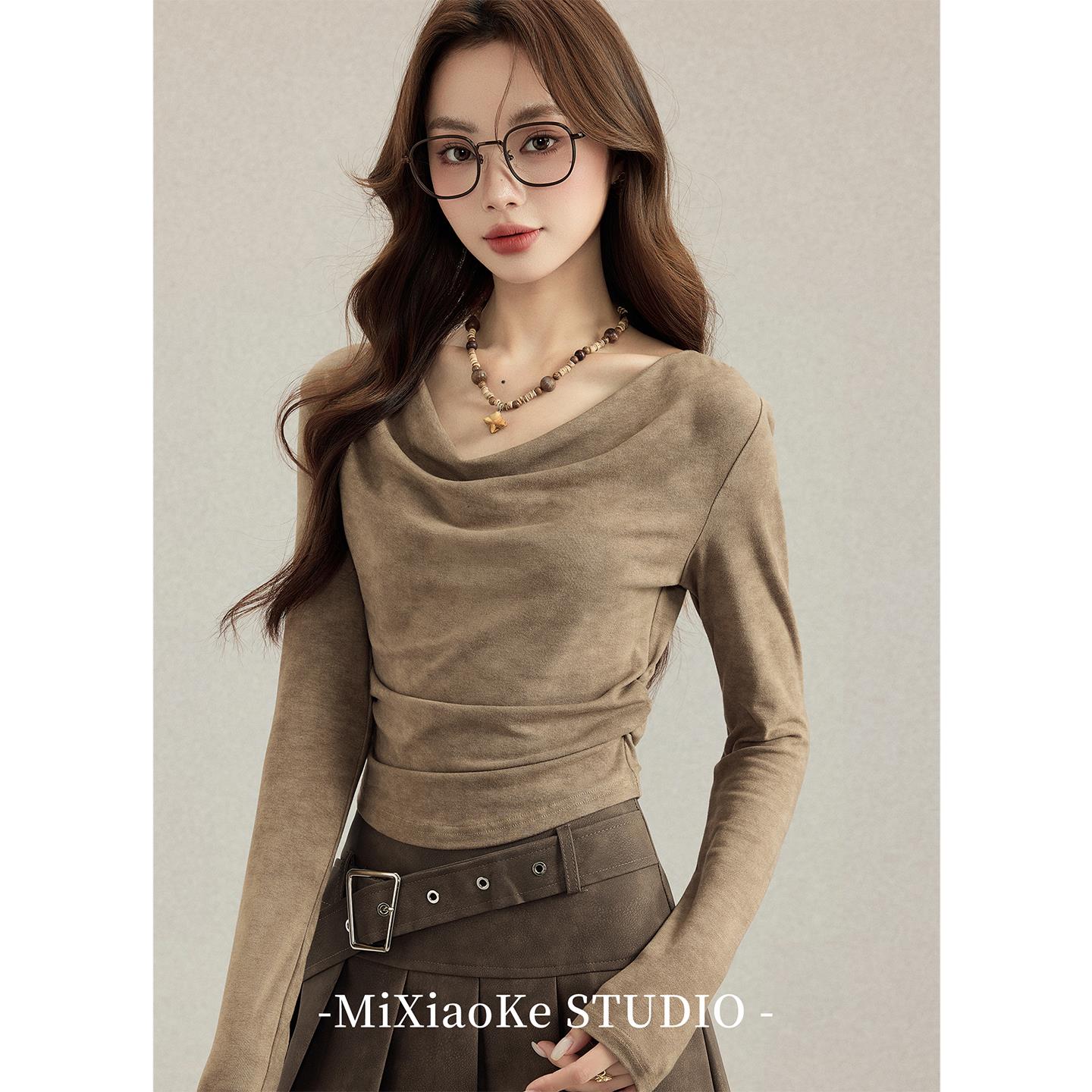 芈小可美拉德复古咖色长袖t恤女秋高级感荡领修身内搭打底衫上衣