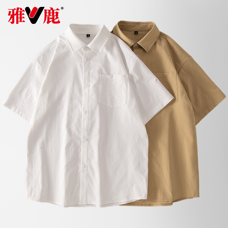雅鹿短袖衬衫男夏季冰丝凉感简约大码宽松古巴领薄款工装外套