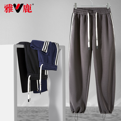雅鹿男士休闲裤秋季2024新款时尚简约直筒松紧腰长裤子中青年男裤