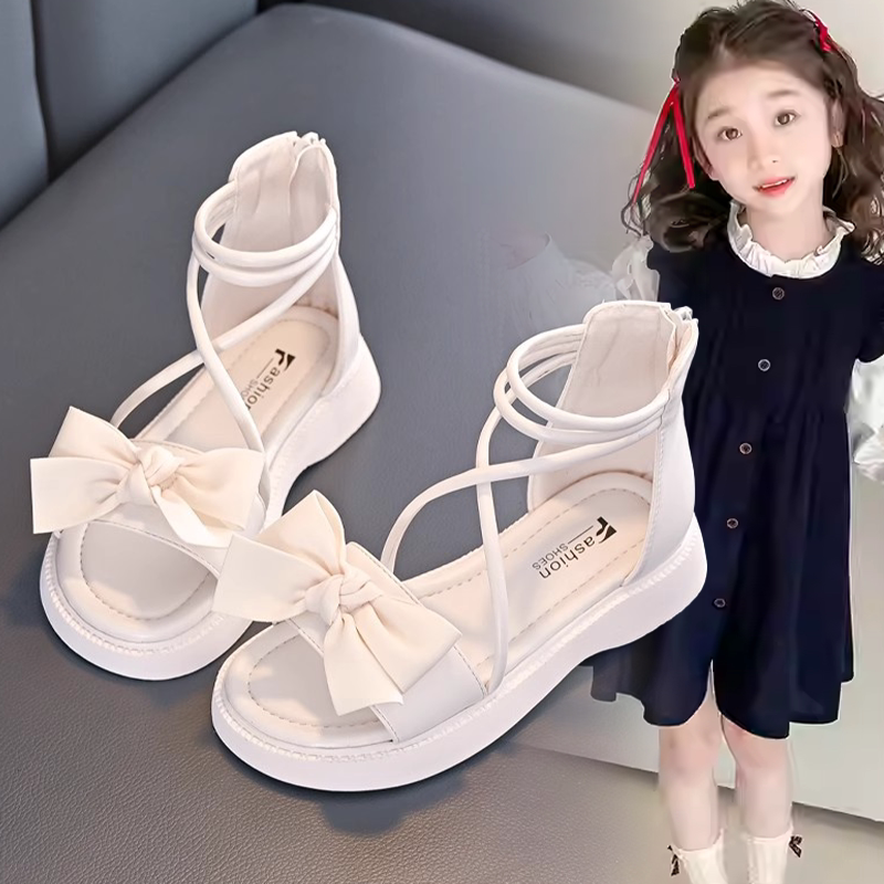女童时尚甜美简约蝴蝶结装饰平底鞋女孩2026春夏新款日常百搭凉鞋