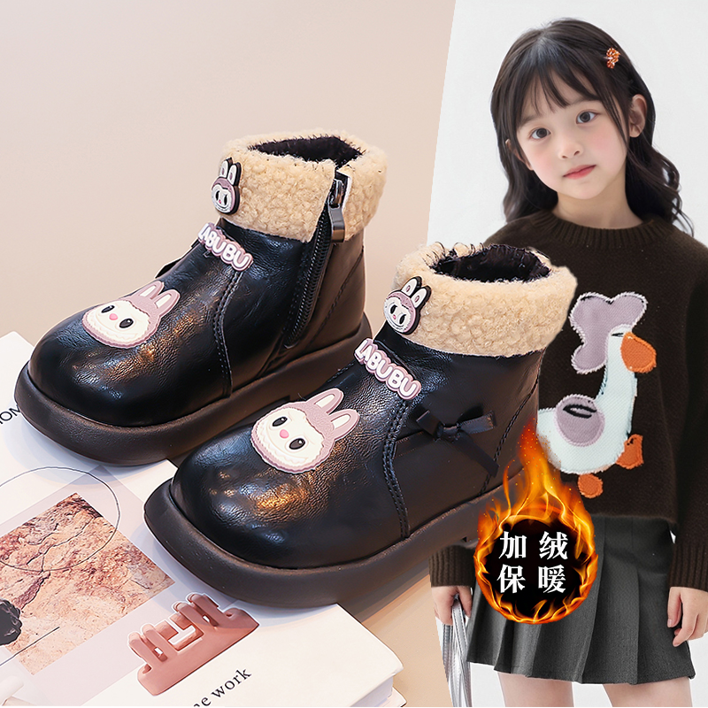 女童卡通LABB加绒加厚毛边防水短靴防滑耐磨可爱韩版百搭时尚女孩