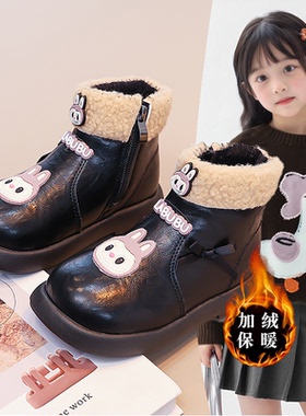女童卡通LABB加绒加厚毛边防水短靴防滑耐磨可爱韩版百搭时尚女孩