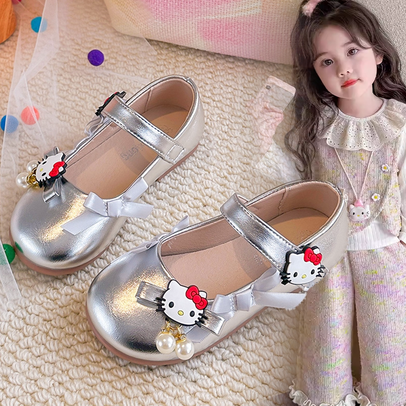 时尚小童宝宝2026春季新款平底鞋女童小众甜美KT猫珍珠装饰小皮鞋