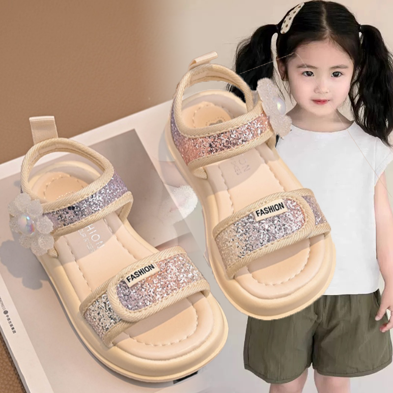 女童凉鞋2025新款亮片夏季儿童平底鞋小女孩软底沙滩运动凉鞋百搭