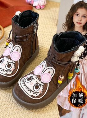 卡通labb加绒棉靴2026秋冬新款时尚舒适儿童防滑耐磨复古雪地靴