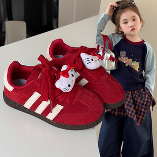 女童新年红板鞋2026年春秋新款学生休闲德训鞋韩版软底KT猫运动鞋