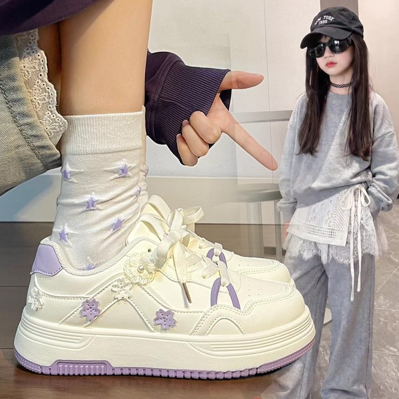 时尚少女百搭厚底低帮休闲鞋女童2026春秋新款紫调花朵潮款小白鞋