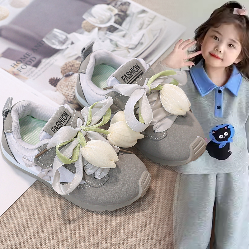 女童白色郁金香装饰甜美潮款软底休闲鞋中大童2026春秋新款阿甘鞋