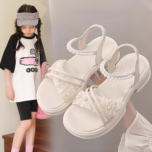 女童凉鞋夏季仙女风配裙子珍珠时尚软底白色运动软底海边沙滩潮鞋