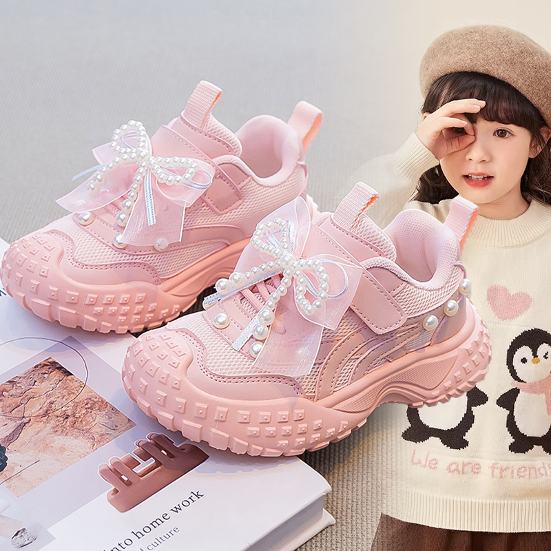 儿童春秋新款女孩珍珠蝴蝶结装饰休闲鞋中大童2026软底网面运动鞋