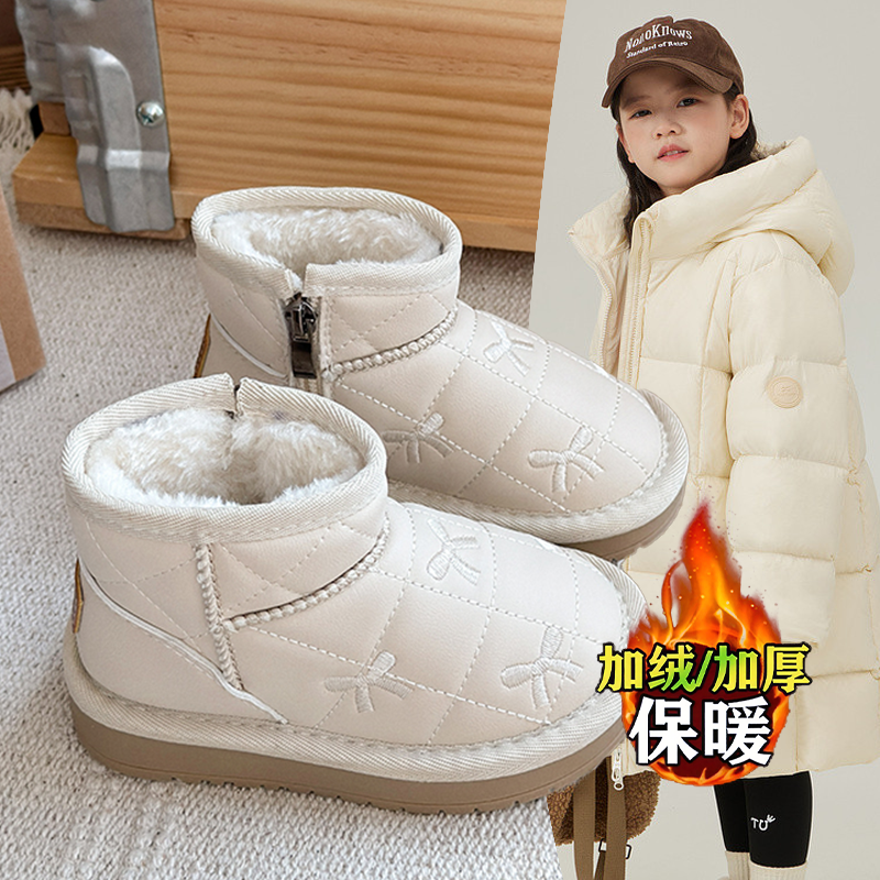 2025年冬款女童简约百搭皮面防水雪地靴宝宝加绒保暖棉靴洋气爆款