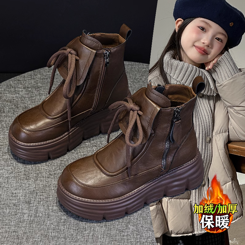 女童棕色马丁靴冬2025新款民族风女孩短靴拉链户外保暖加绒高帮靴