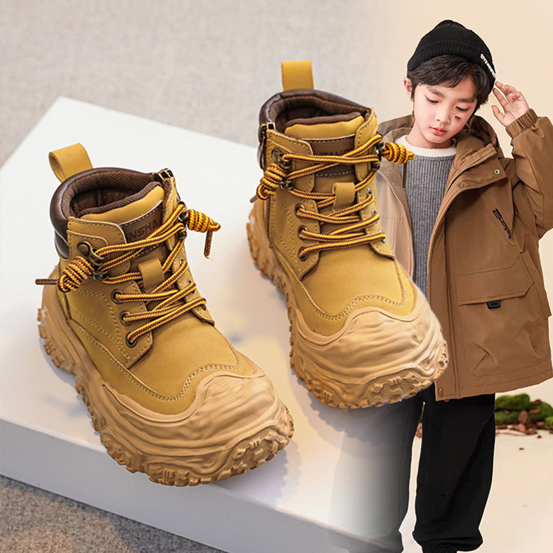 男童马丁靴2025秋冬季新款短靴子大黄儿童靴防滑加绒保暖短靴皮靴