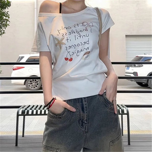 t恤女夏季 白色斜肩露肩设计感小众短袖 微胖mm褶皱开叉显瘦上衣服