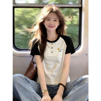 夏日减龄撞色短袖t恤女上衣