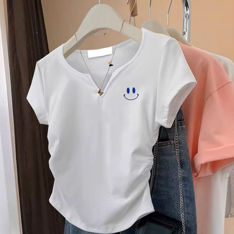 纯棉正肩V领修身显瘦t恤女短袖夏