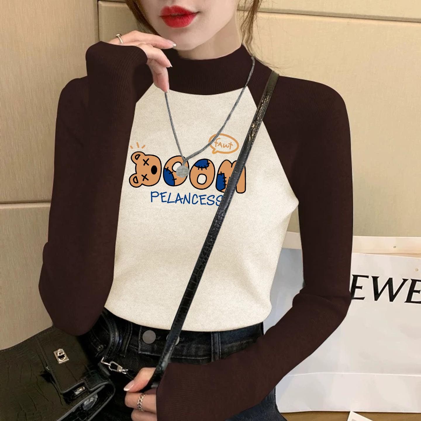 设计感小众德绒撞色半高领长袖女