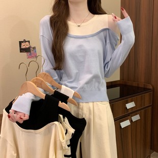 实拍实价 温柔显瘦露肩洋气百搭假两件针织上衣 早秋新款 韩系法式