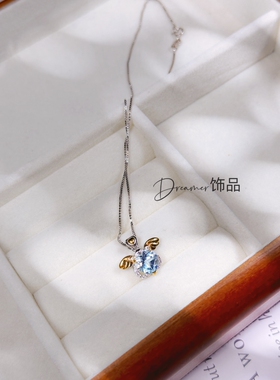 Dreamer天使之翼925银镶嵌托帕石项链可爱女神节礼物
