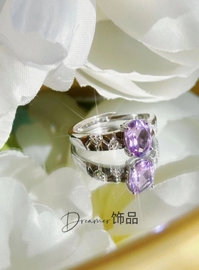925银镶嵌天然紫水晶戒指气质款开口可调节戒指