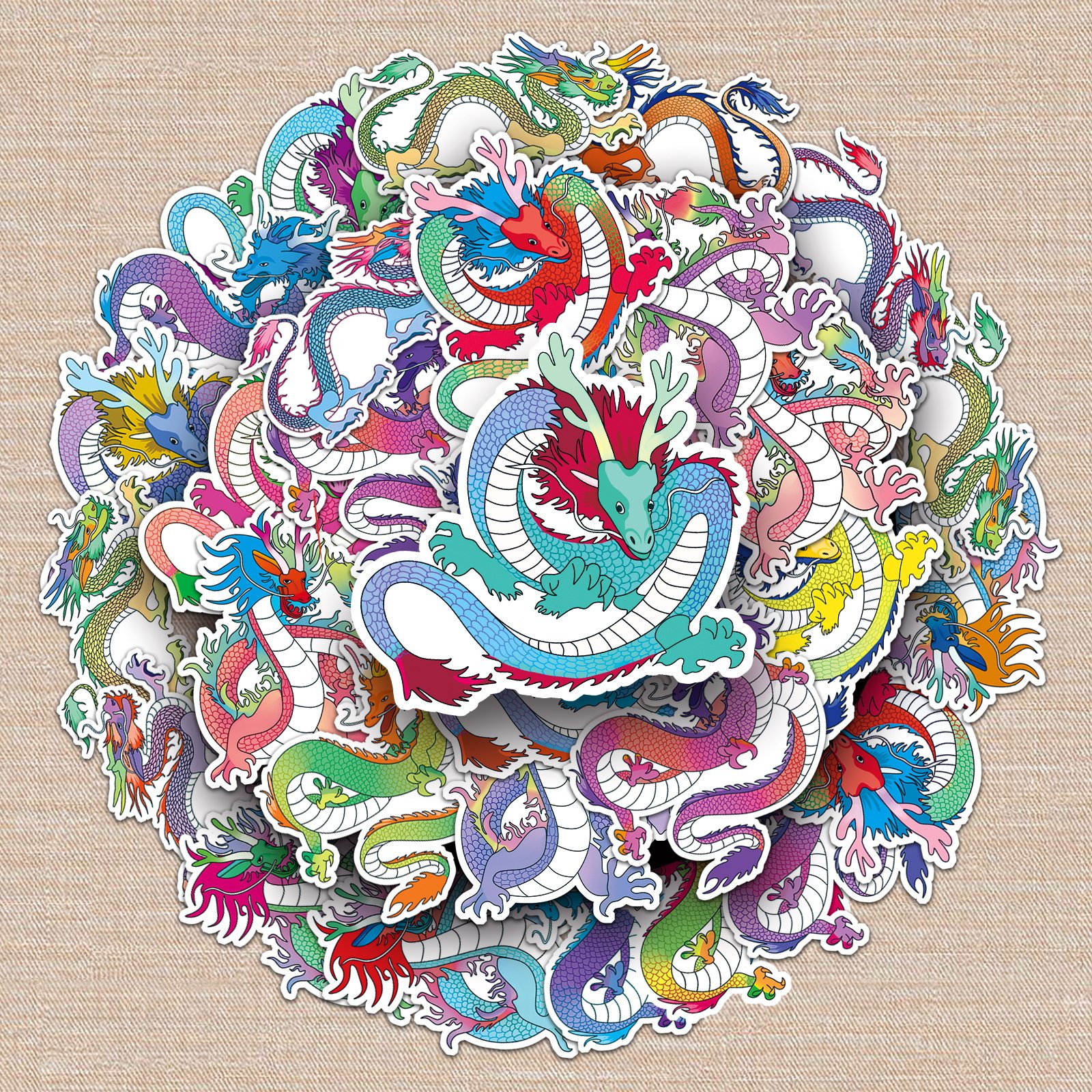50张原创中国龙贴纸传统神话动物卡通威武手绘装饰自行车手机贴画